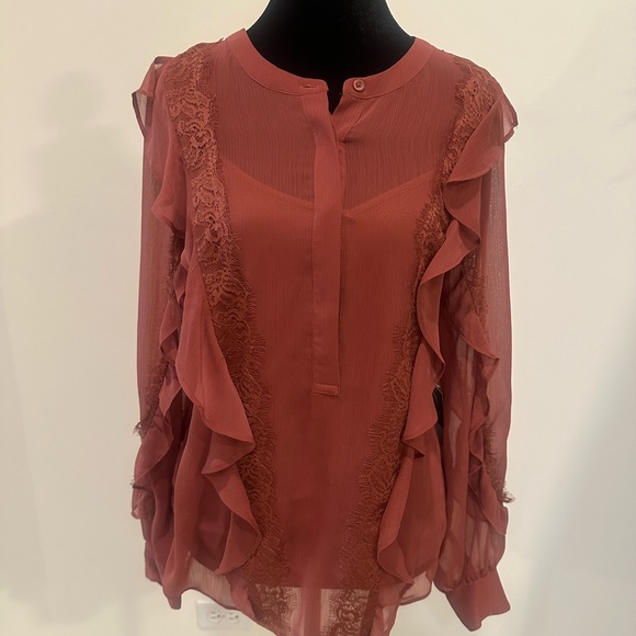 Vera Wang Rust Lace Ruffle Sheer Blouse | Size - Picture 2 of 5